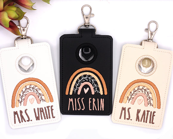 Personalized Boho Rainbow with Leaves Neutral Brown Vertical Alarm Badge ID Card Holder