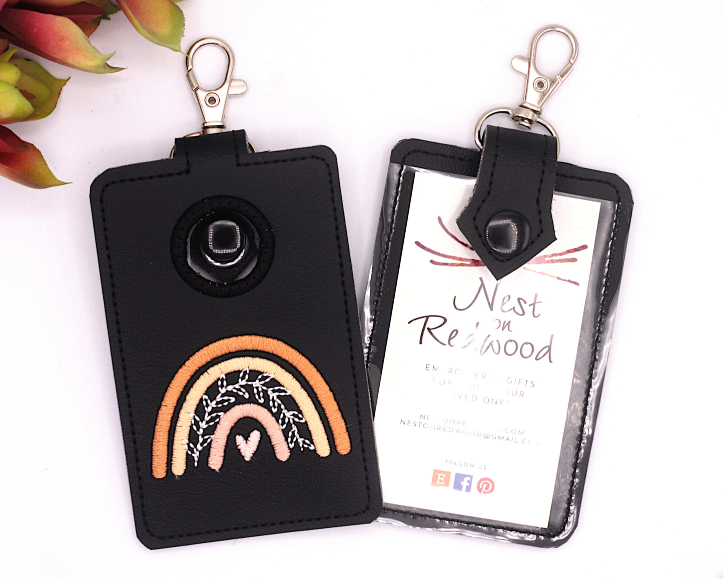 Boho Rainbow with Leaves Neutral Brown Vertical Alarm Badge ID Card Holder