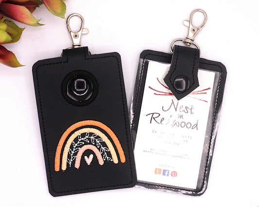 Boho Rainbow with Leaves Neutral Brown Vertical Alarm Badge ID Card Holder