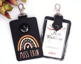 Personalized Boho Rainbow with Leaves Neutral Brown Vertical Alarm Badge ID Card Holder