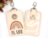 Personalized Boho Rainbow with Leaves Neutral Brown Vertical Alarm Badge ID Card Holder
