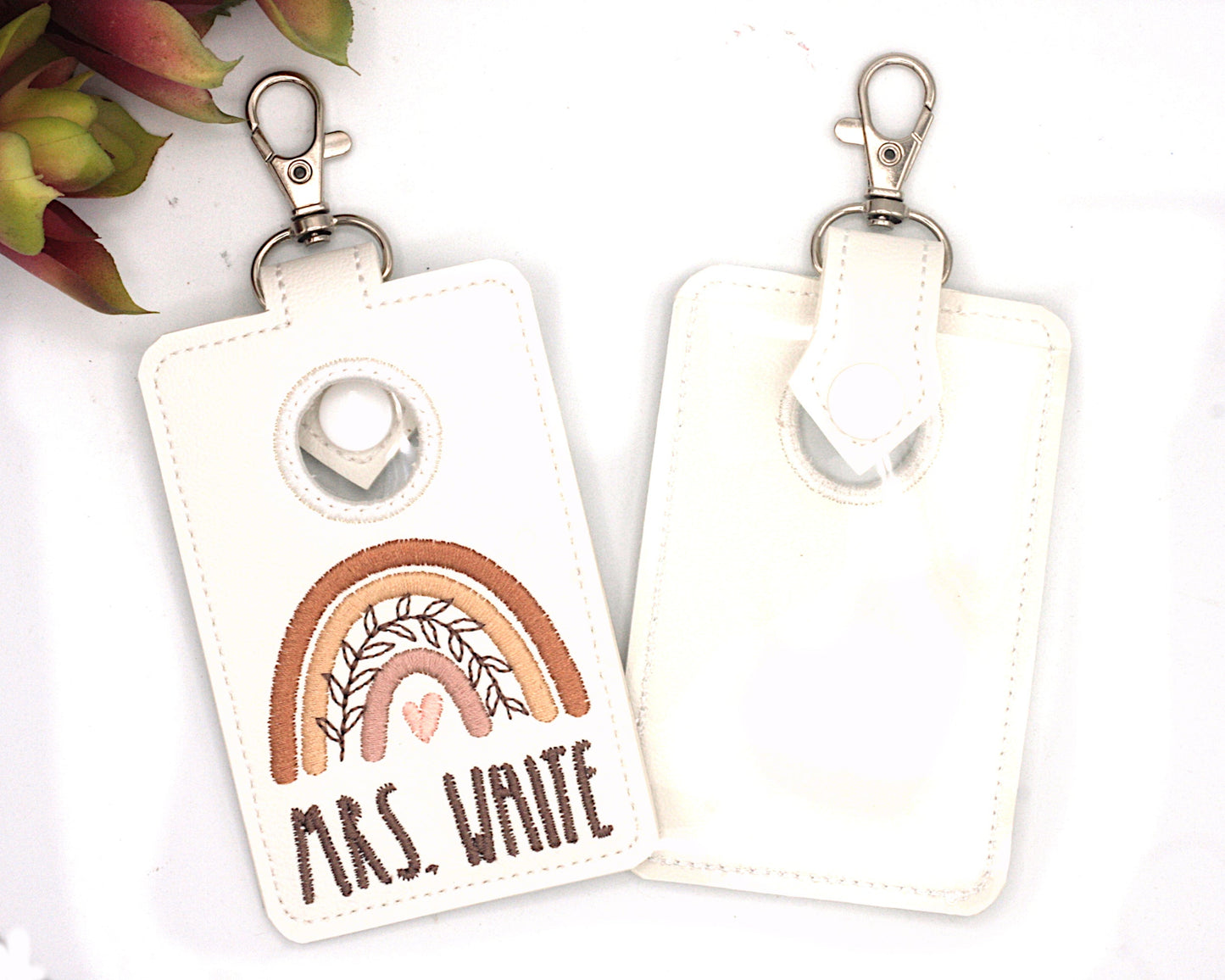 Personalized Boho Rainbow with Leaves Neutral Brown Vertical Alarm Badge ID Card Holder