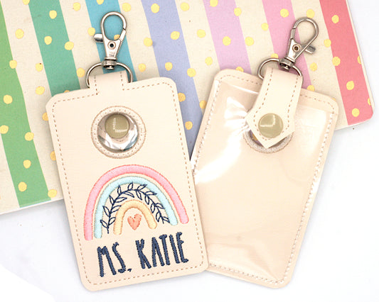 Personalized Boho Rainbow with Leaves Pink & Blue Vertical Alarm Badge ID Card Holder
