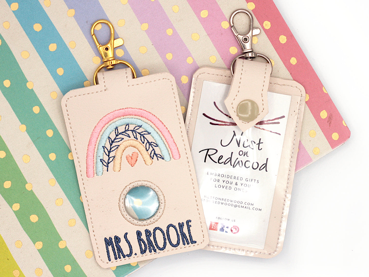 Personalized Boho Rainbow with Leaves Pink & Blue Vertical Alarm Badge ID Card Holder