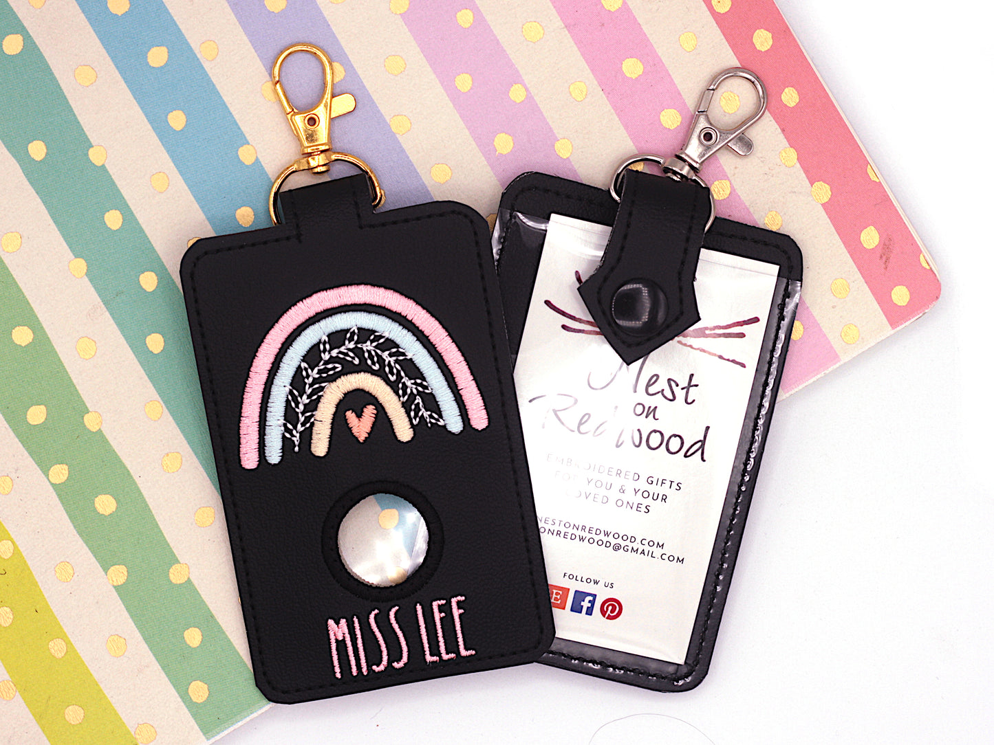 Personalized Boho Rainbow with Leaves Pink & Blue Vertical Alarm Badge ID Card Holder