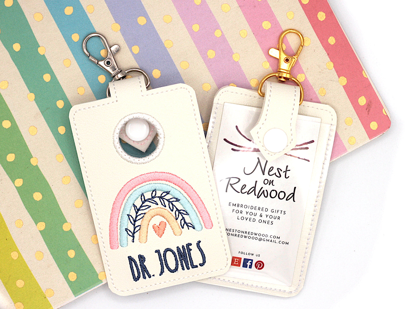 Personalized Boho Rainbow with Leaves Pink & Blue Vertical Alarm Badge ID Card Holder