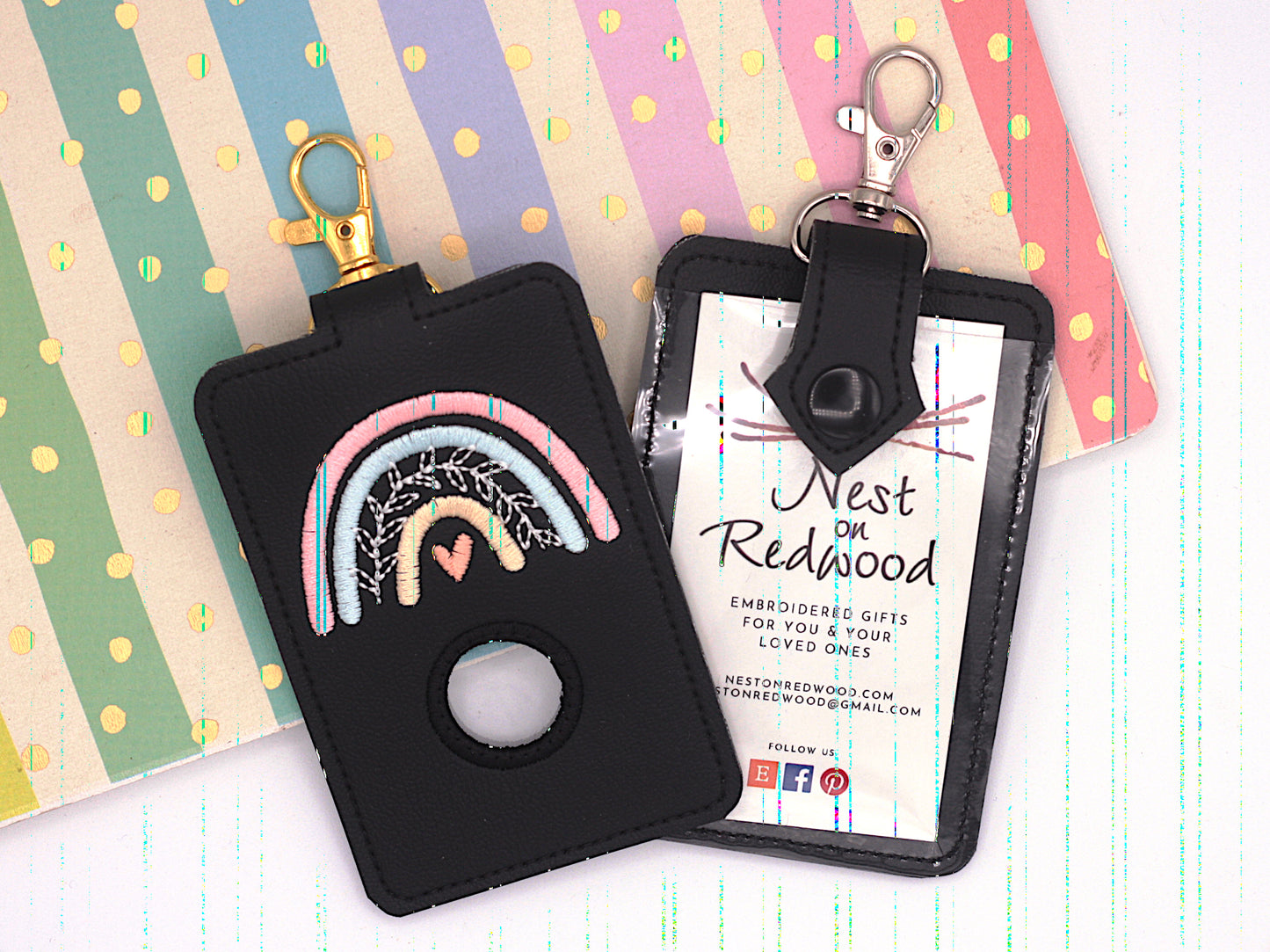 Boho Rainbow with Leaves Pink & Blue Vertical Alarm Badge ID Card Holder