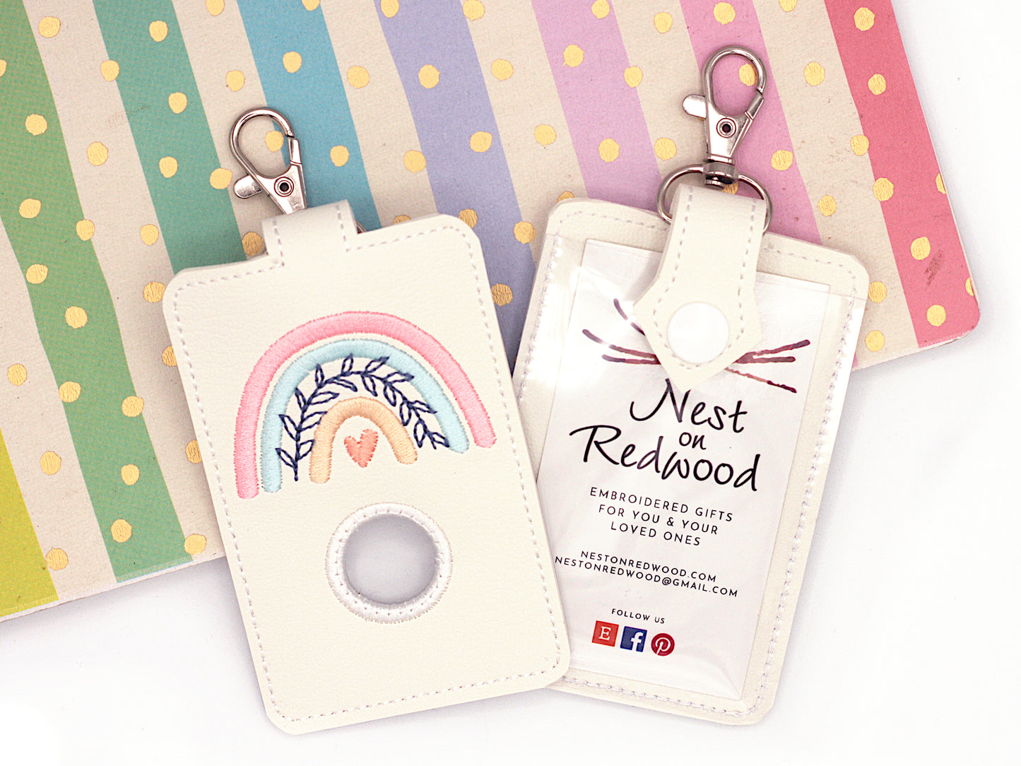 Boho Rainbow with Leaves Pink & Blue Vertical Alarm Badge ID Card Holder