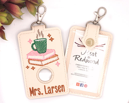 Personalized Books and Coffee Vertical Alarm Badge ID Card Holder Pink and Green