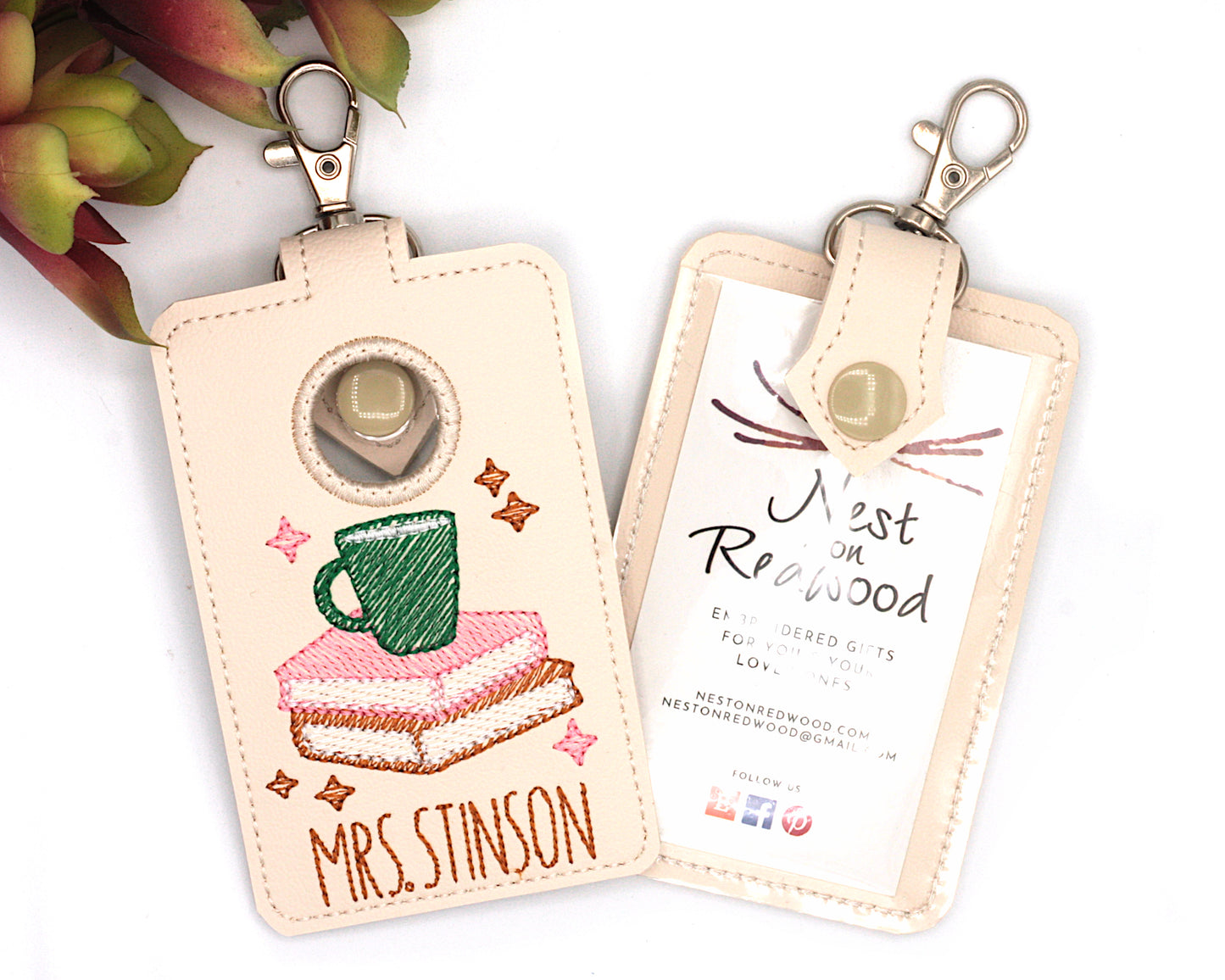Personalized Books and Coffee Vertical Alarm Badge ID Card Holder Pink and Green