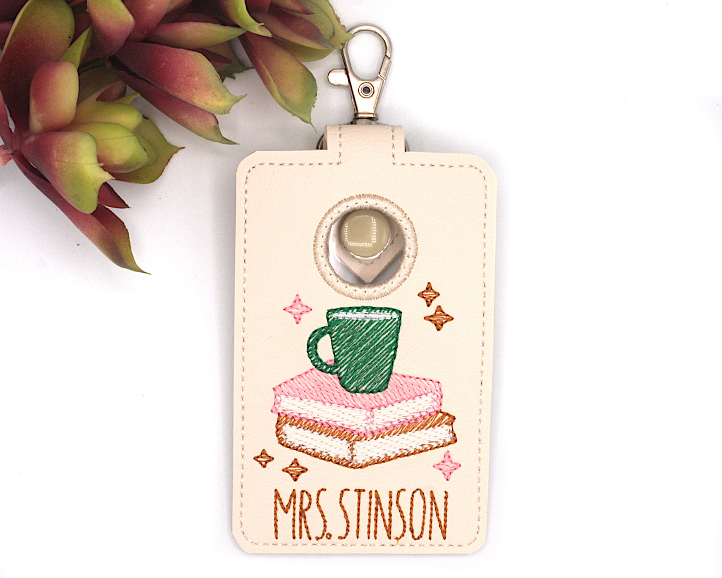Personalized Books and Coffee Vertical Alarm Badge ID Card Holder Pink and Green