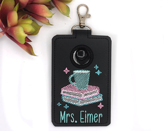 Personalized Books and Coffee Vertical Alarm Badge ID Card Holder Blue and Pink