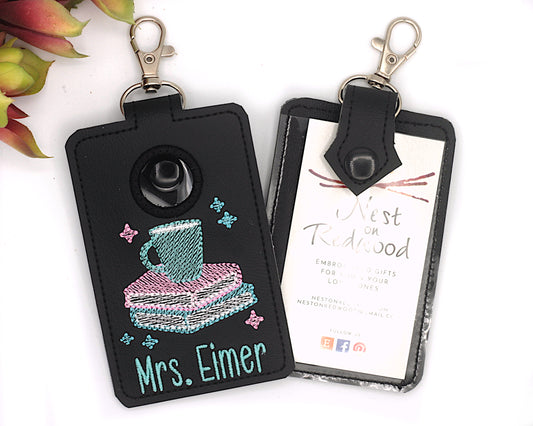 Personalized Books and Coffee Vertical Alarm Badge ID Card Holder Blue and Pink