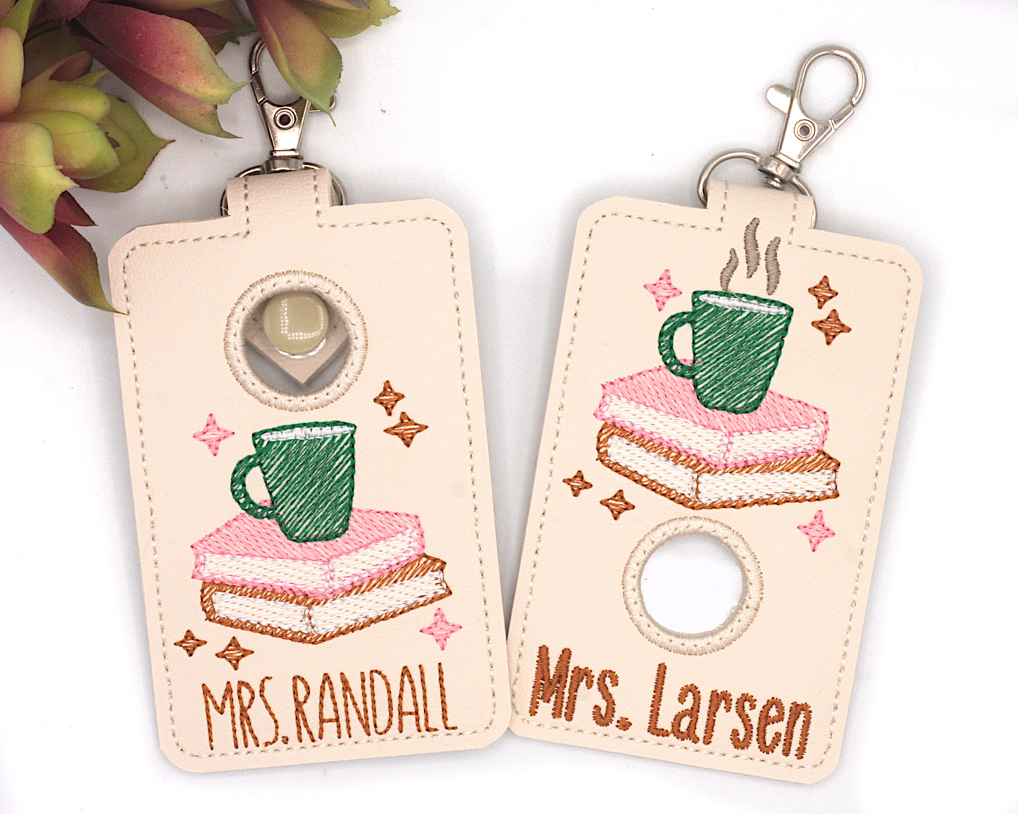 Personalized Books and Coffee Vertical Alarm Badge ID Card Holder Pink and Green