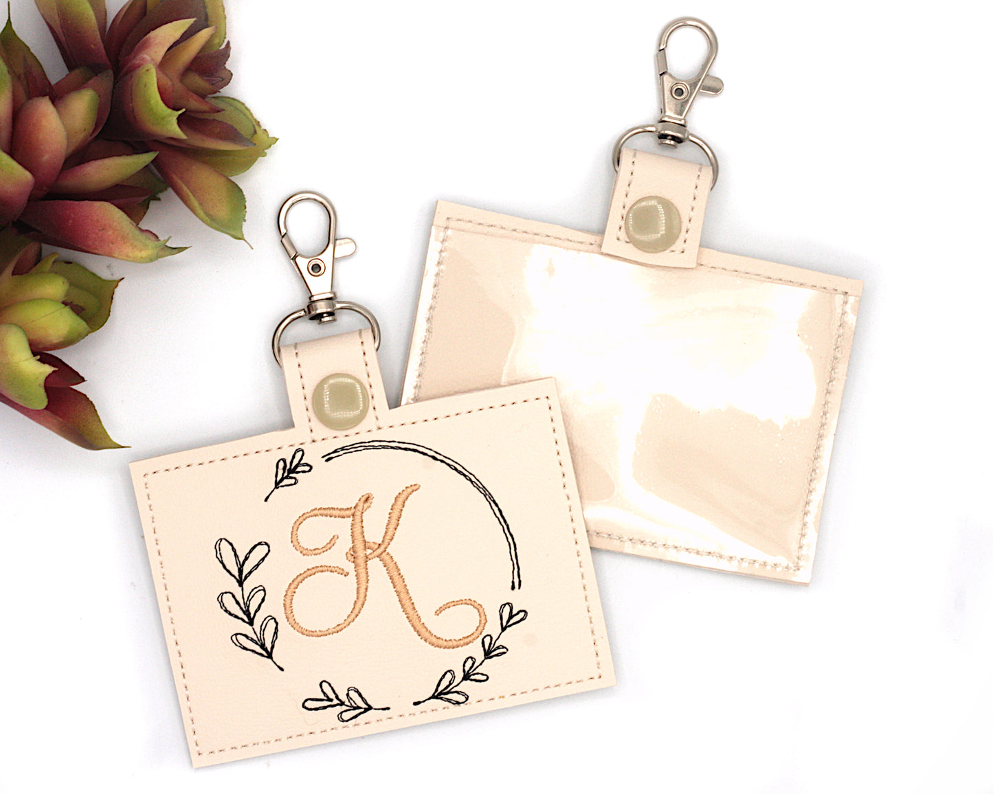 Personalized Monogram Leaf Wreath Horizontal Badge ID Card Holder