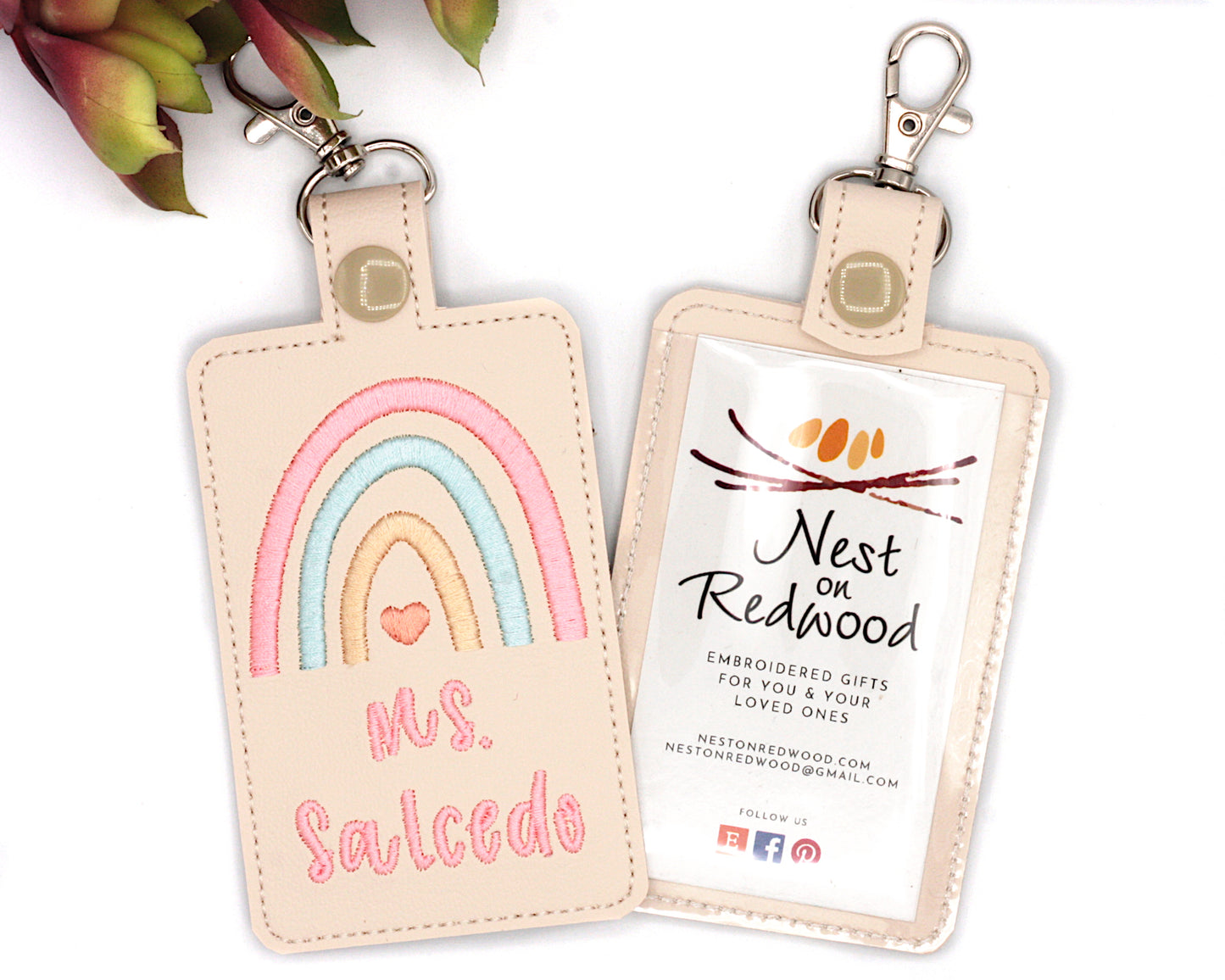 Personalized Boho Rainbow Pink & Blue Vertical Badge ID Card Holder