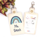 Personalized Blue Boho Rainbow with Leaves Vertical Badge ID Card Holder