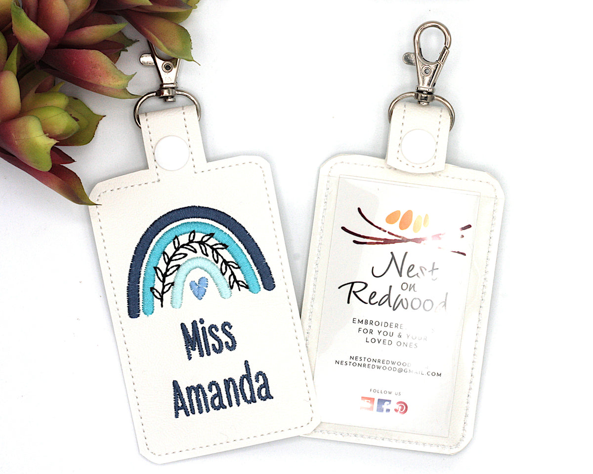 Personalized Blue Boho Rainbow with Leaves Vertical Badge ID Card Holder