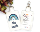 Personalized Blue Boho Rainbow with Leaves Vertical Badge ID Card Holder