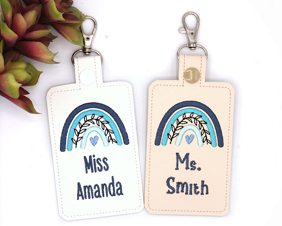 Personalized Blue Boho Rainbow with Leaves Vertical Badge ID Card Holder