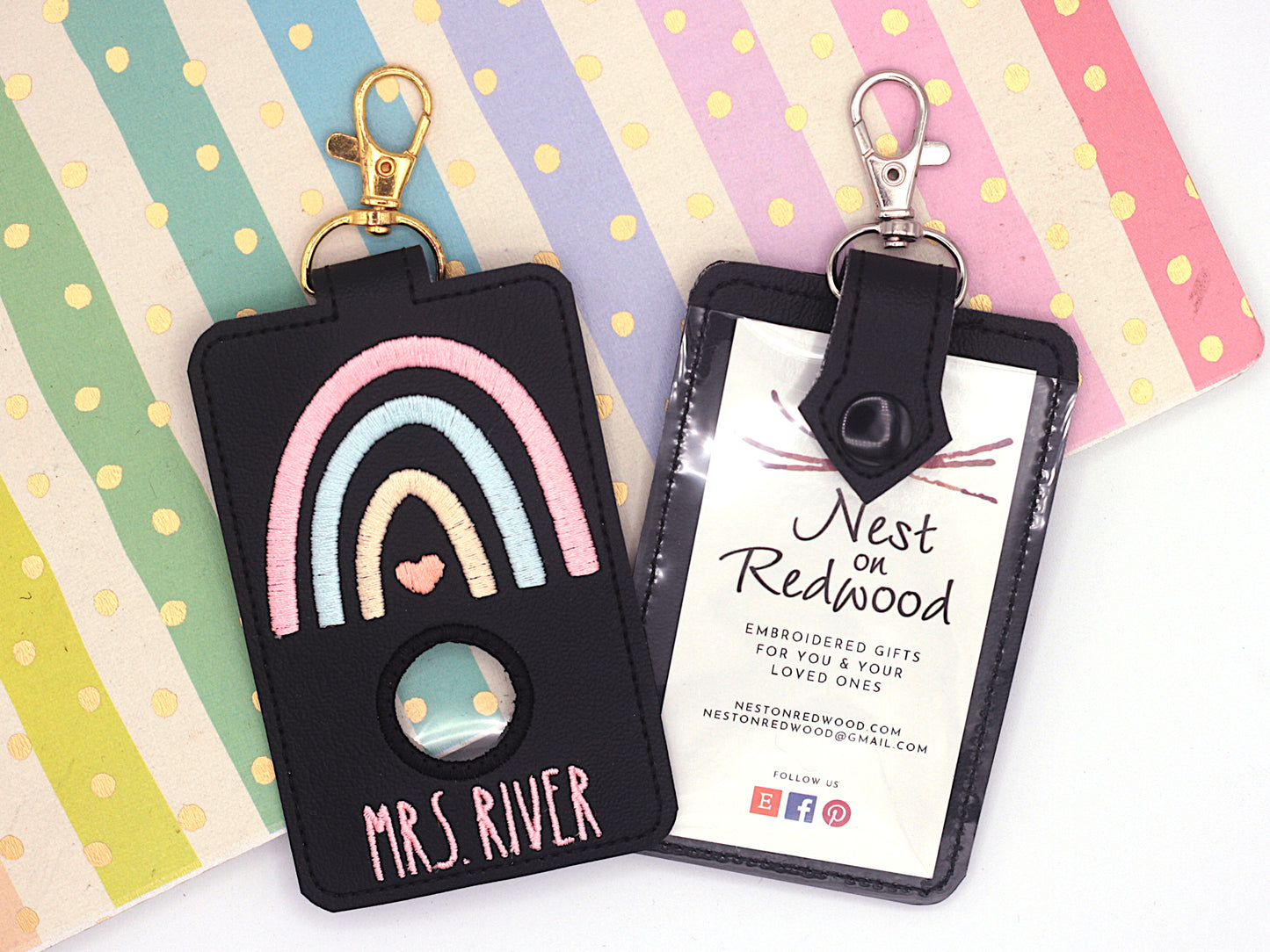Personalized Boho Rainbow Pink & Blue Vertical Alarm Badge ID Card Holder