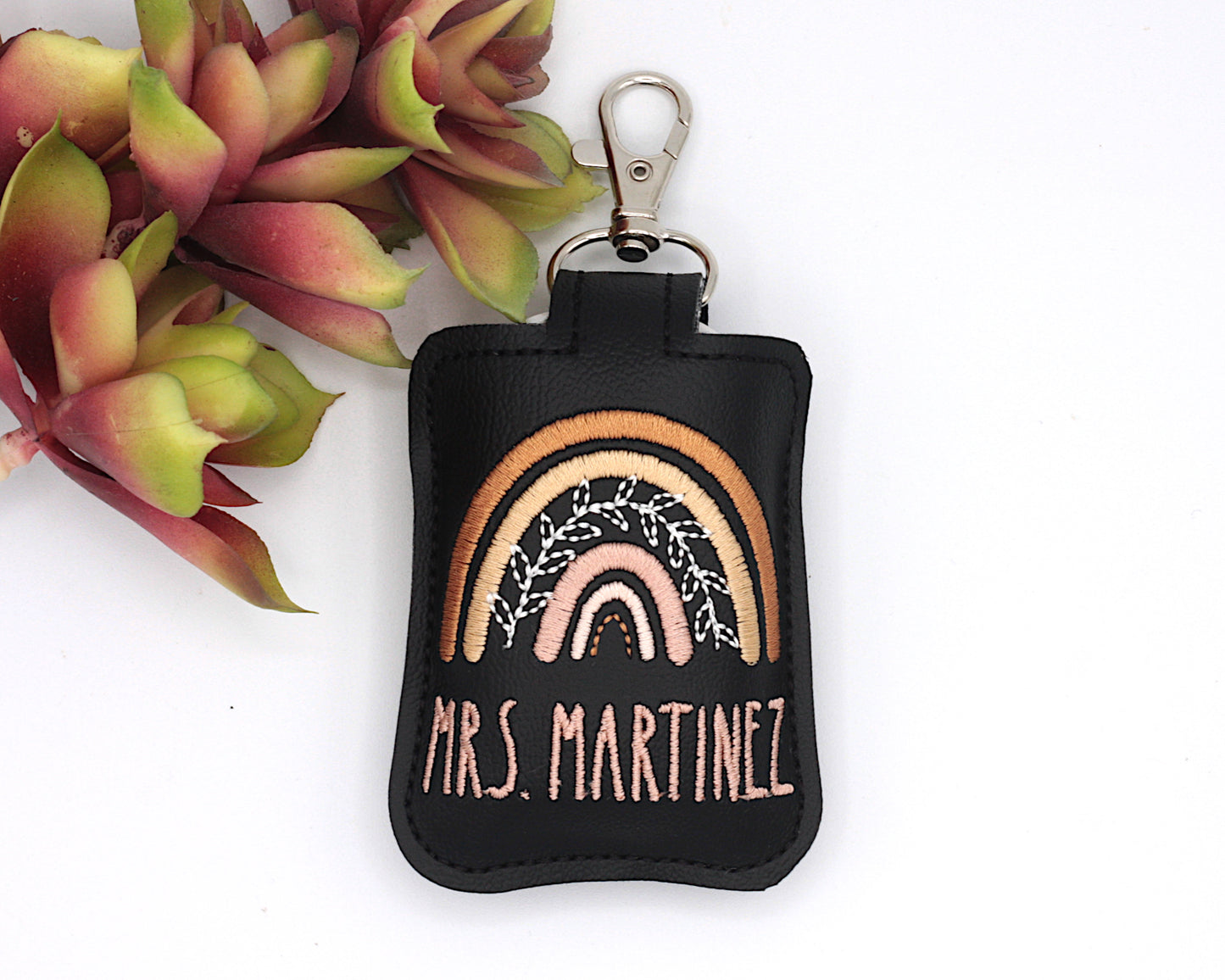 Personalized Neutral Browns Boho Leaves Rainbow Classroom Doorbell Holder