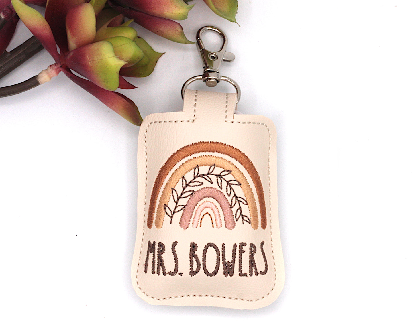 Personalized Neutral Browns Boho Leaves Rainbow Classroom Doorbell Holder