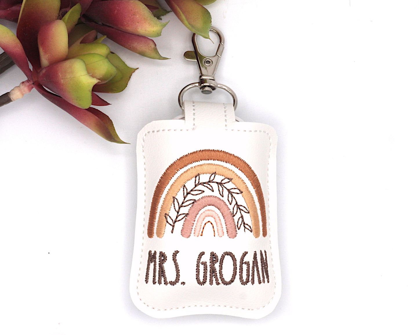 Personalized Neutral Browns Boho Leaves Rainbow Classroom Doorbell Holder