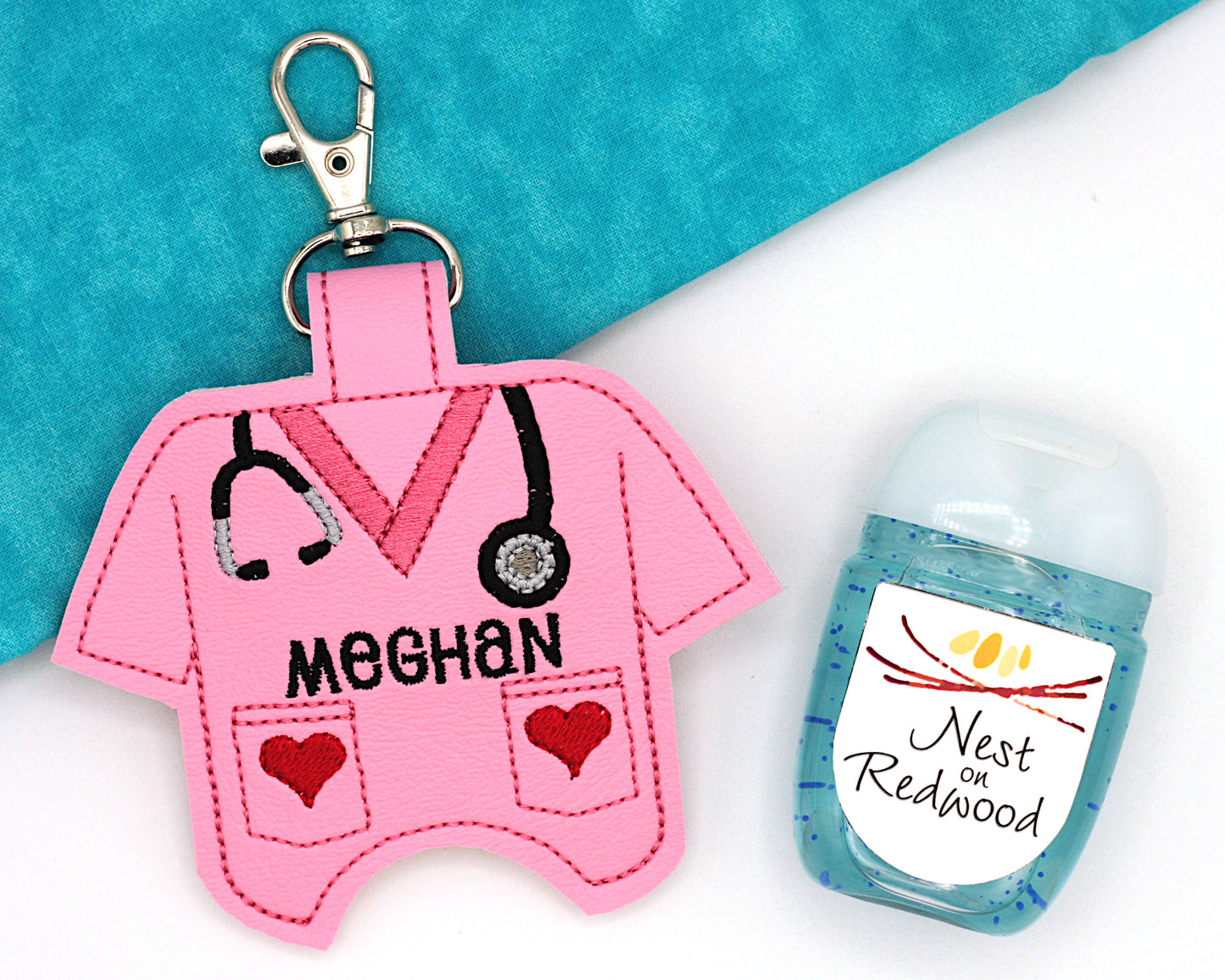 Personalized Scrub top with Hearts Hand Sanitizer Holder