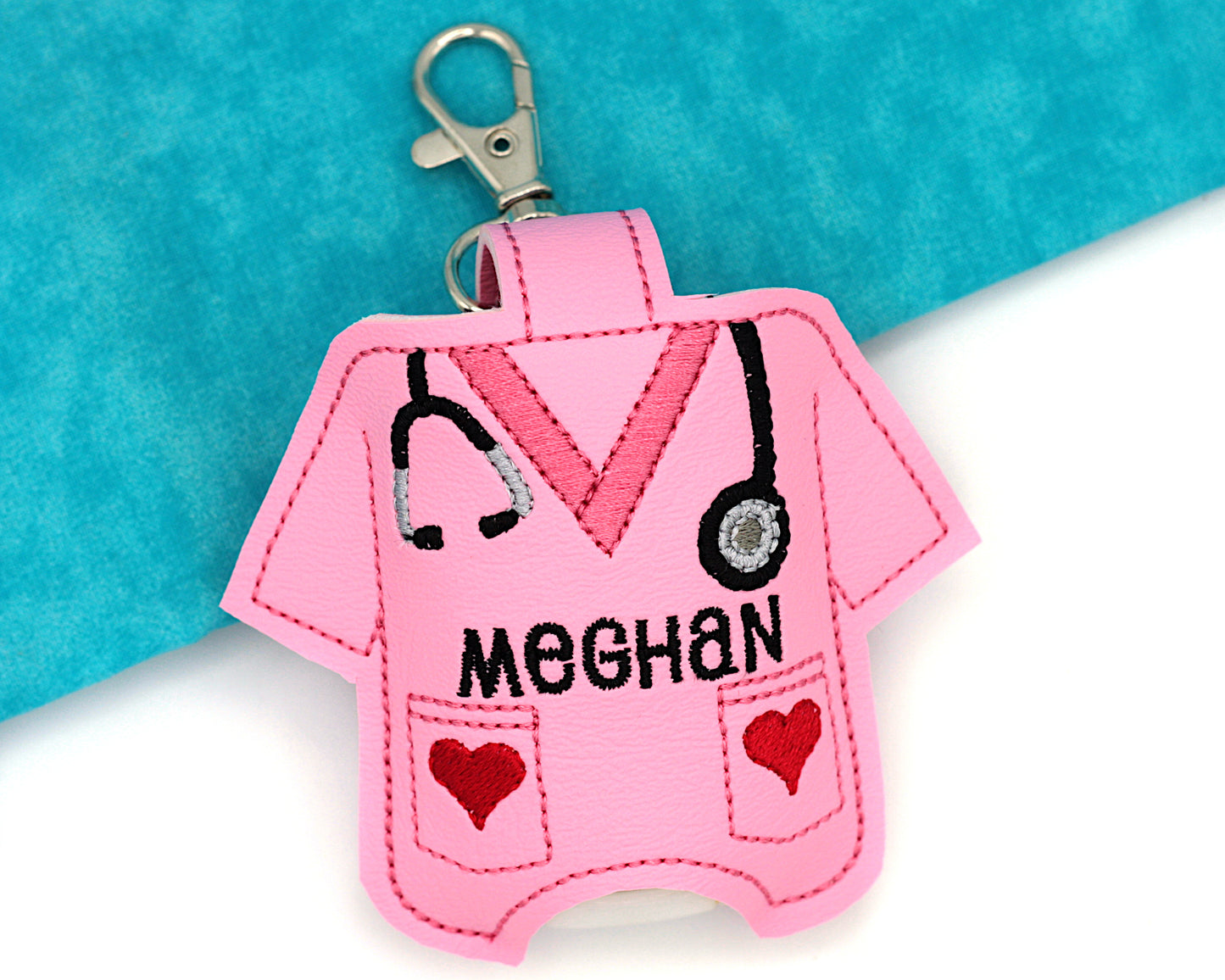 Personalized Scrub top with Hearts Hand Sanitizer Holder