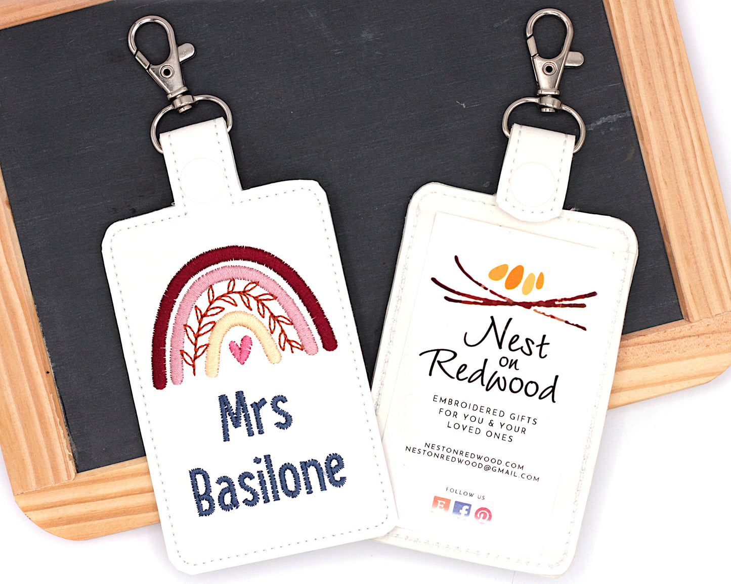 Personalized Red Boho Rainbow with Leaves Vertical Badge ID Card Holder