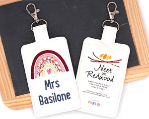 Personalized Red Boho Rainbow with Leaves Vertical Badge ID Card Holder
