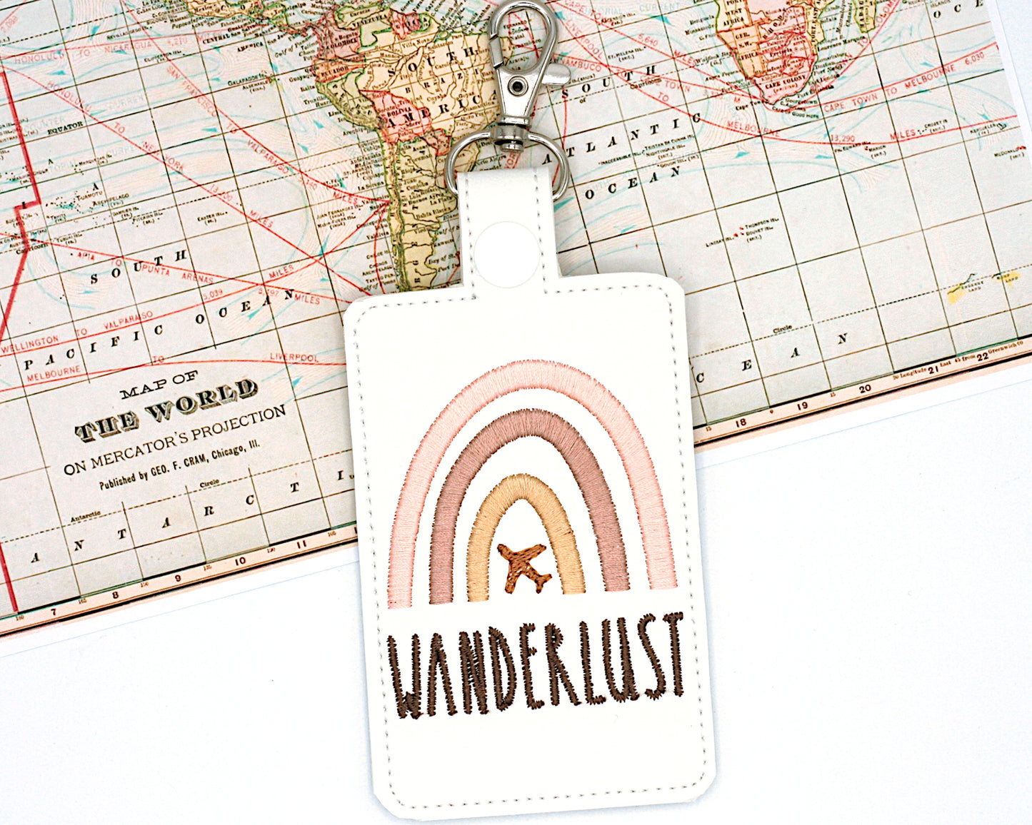 Wanderlust Airplane Boho Rainbow Vertical Badge ID Card Holder or Luggage Tag