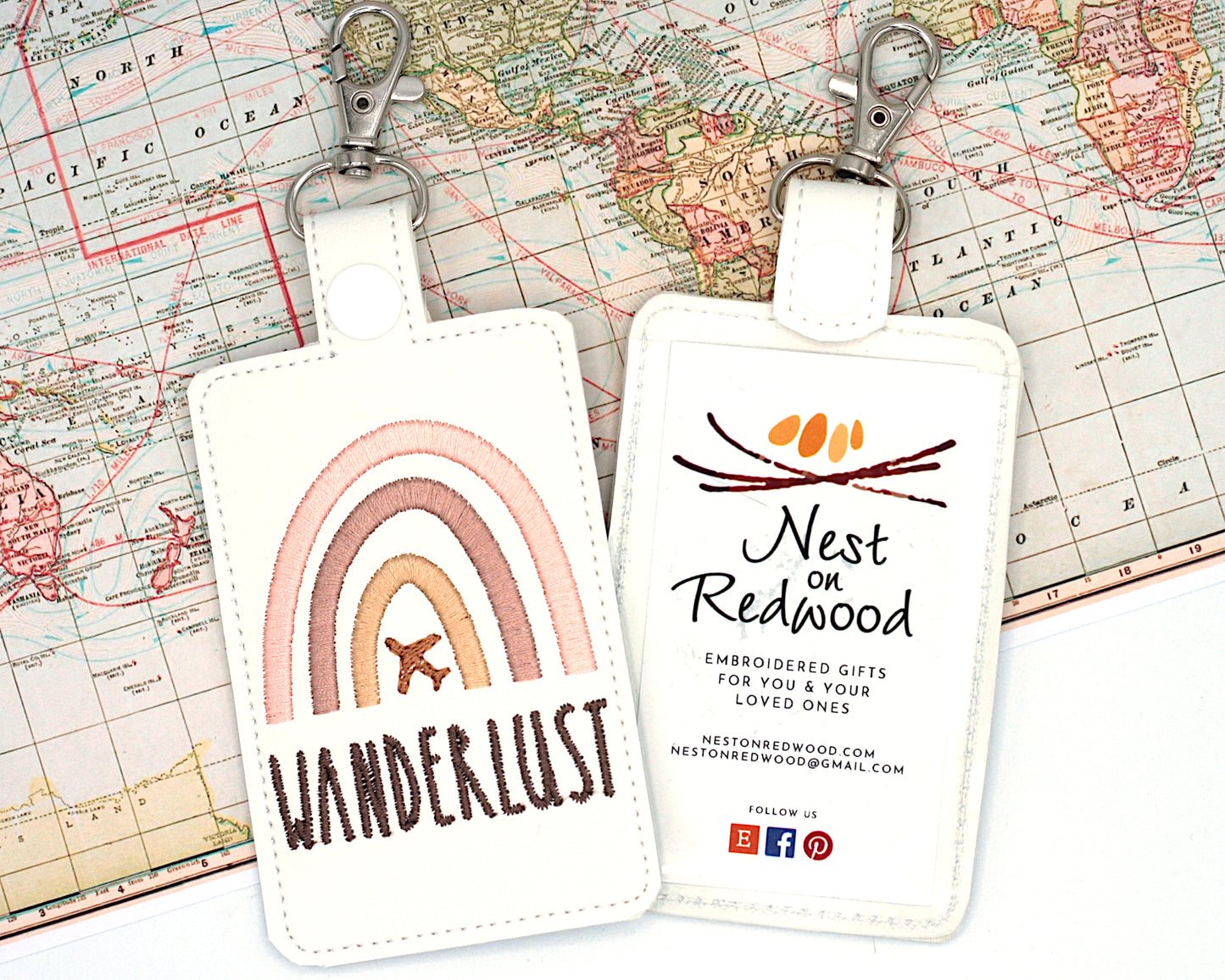 Wanderlust Airplane Boho Rainbow Vertical Badge ID Card Holder or Luggage Tag