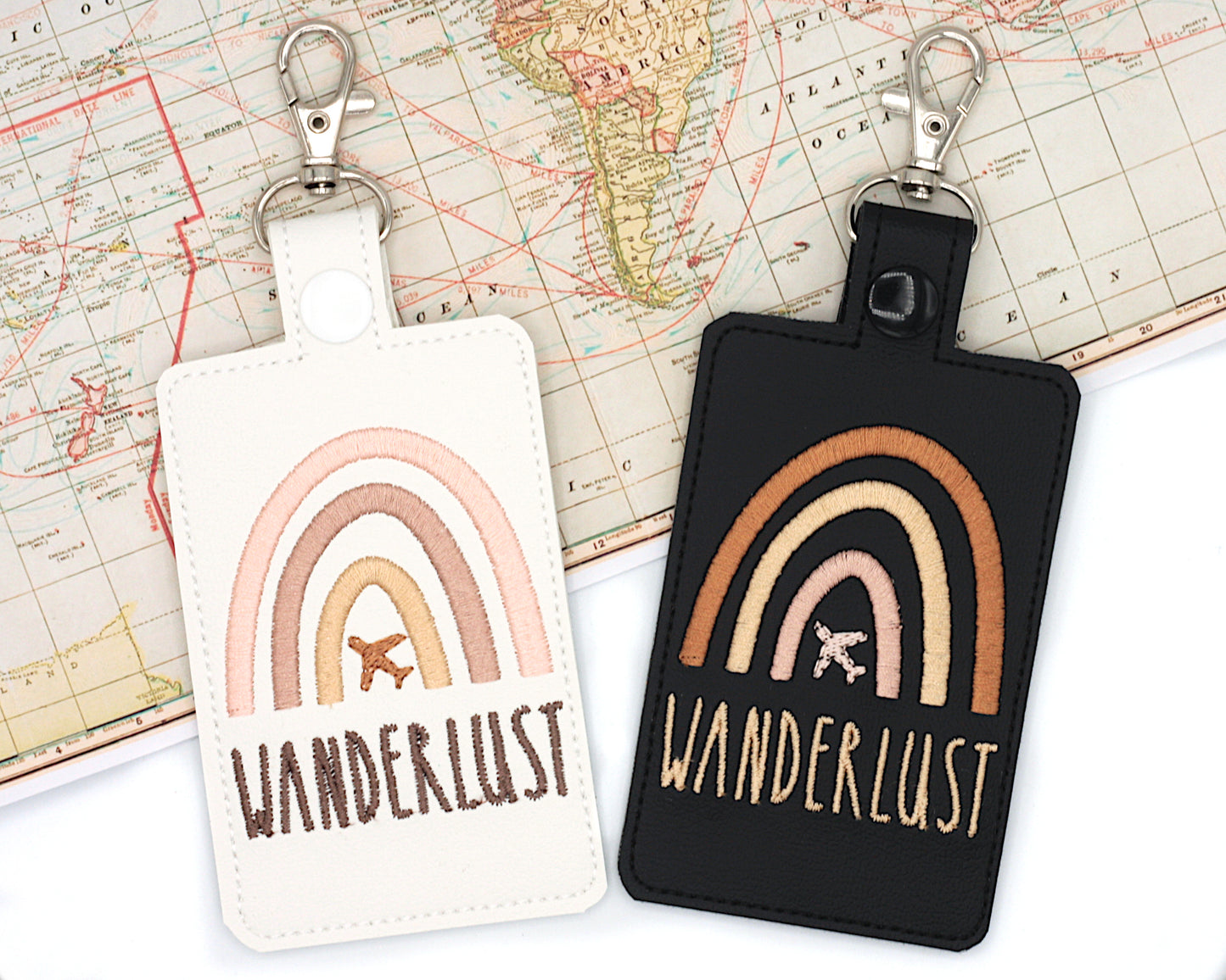 Wanderlust Airplane Boho Rainbow Vertical Badge ID Card Holder or Luggage Tag