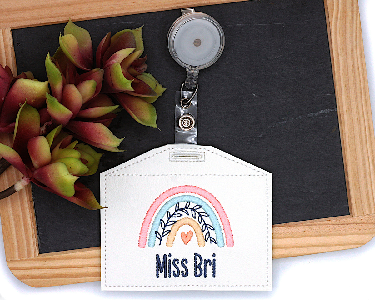 Personalized Boho Rainbow with Leaves Pink & Blue Horizontal Badge ID Card Holder