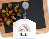 Personalized Boho Rainbow with Leaves Pink & Blue Horizontal Badge ID Card Holder
