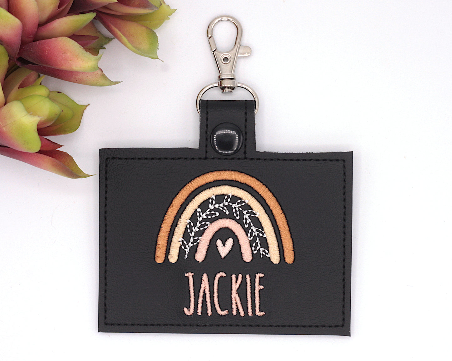 Personalized Neutral Boho Rainbow Horizontal Badge ID Card Holder with Leaves