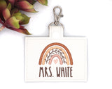 Personalized Neutral Boho Rainbow Horizontal Badge ID Card Holder with Leaves