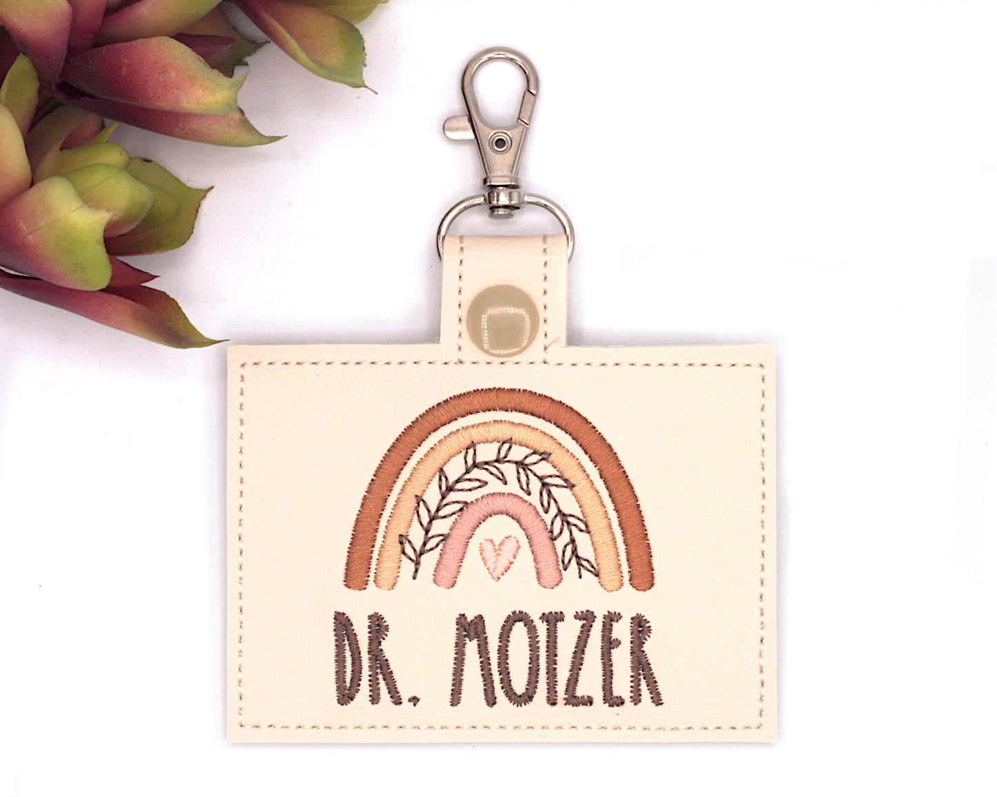 Personalized Neutral Boho Rainbow Horizontal Badge ID Card Holder with Leaves