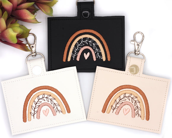 Neutral Boho Rainbow Horizontal Badge ID Card Holder with Leaves