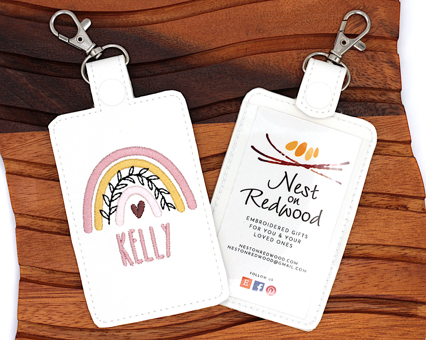 Personalized Boho Rainbow with Leaves Mauve Vertical Badge ID Card Holder