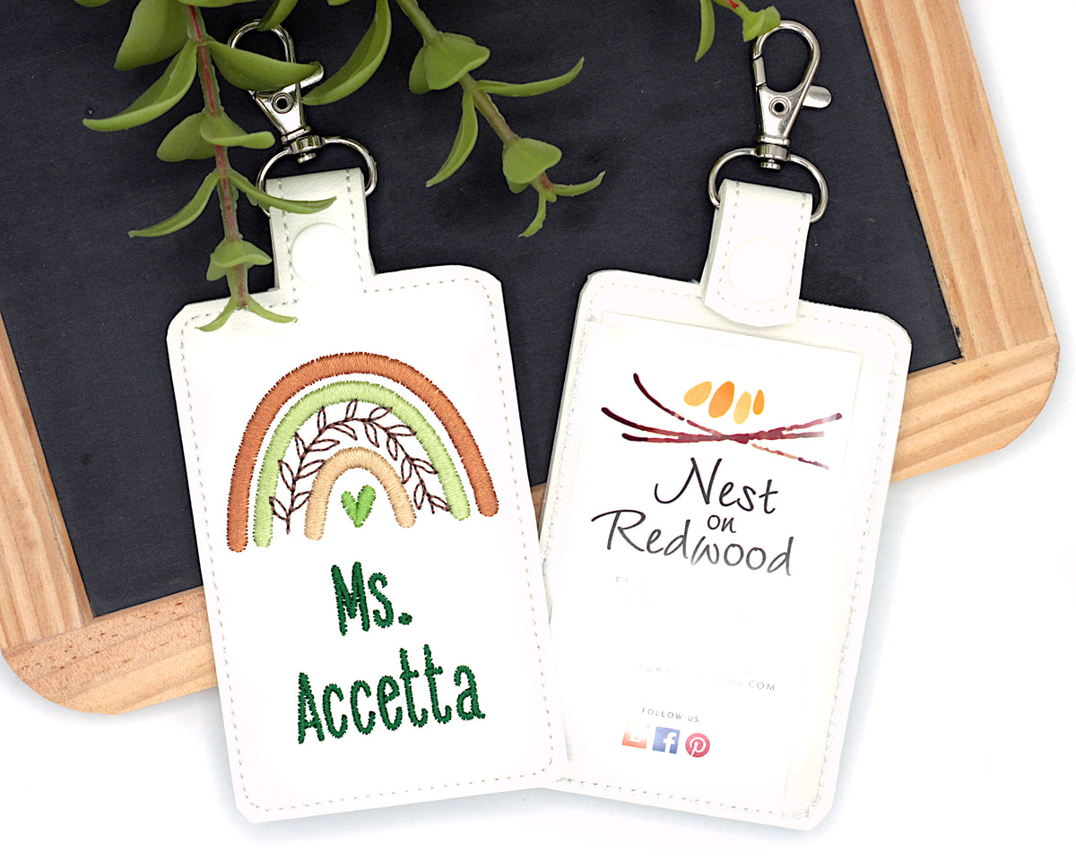 Personalized Boho Rainbow with Leaves Brown & Green Vertical Badge ID Card Holder