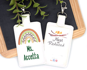 Personalized Boho Rainbow with Leaves Brown & Green Vertical Badge ID Card Holder