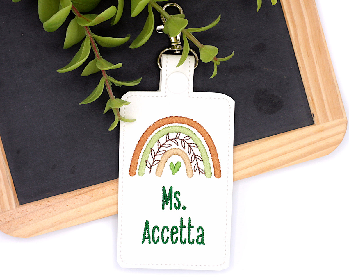 Personalized Boho Rainbow with Leaves Brown & Green Vertical Badge ID Card Holder