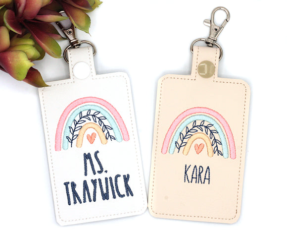 Personalized Boho Rainbow with Leaves Vertical Badge ID Card Holder