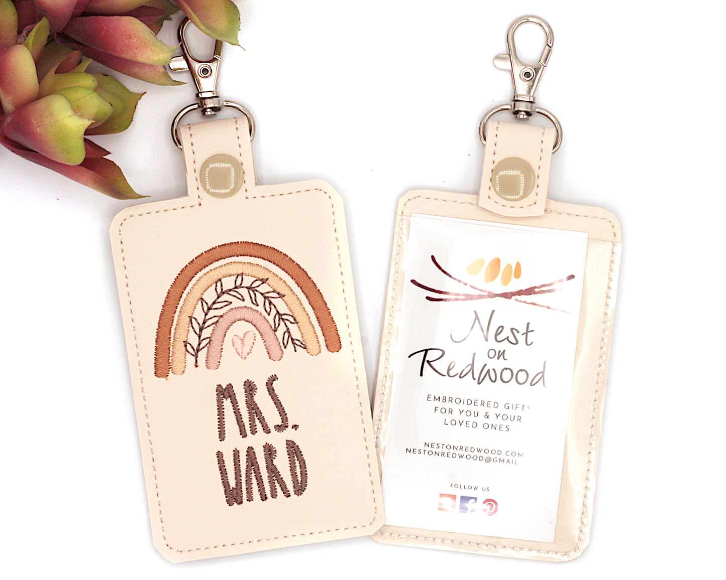 Personalized Neutral Brown Boho Rainbow with Leaves Vertical Badge ID Card Holder