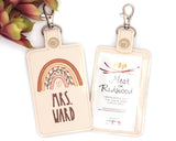 Personalized Neutral Brown Boho Rainbow with Leaves Vertical Badge ID Card Holder