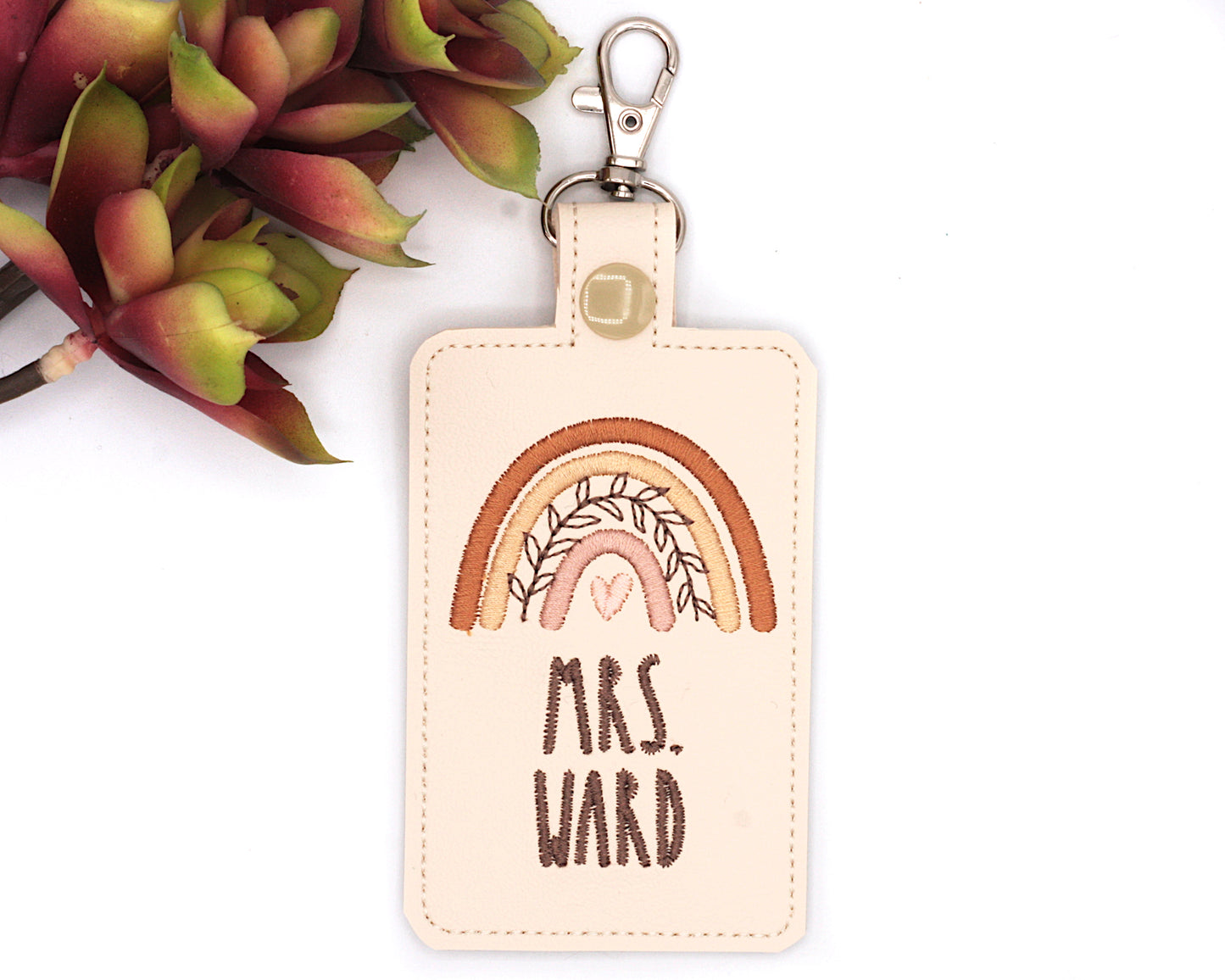 Personalized Neutral Brown Boho Rainbow with Leaves Vertical Badge ID Card Holder