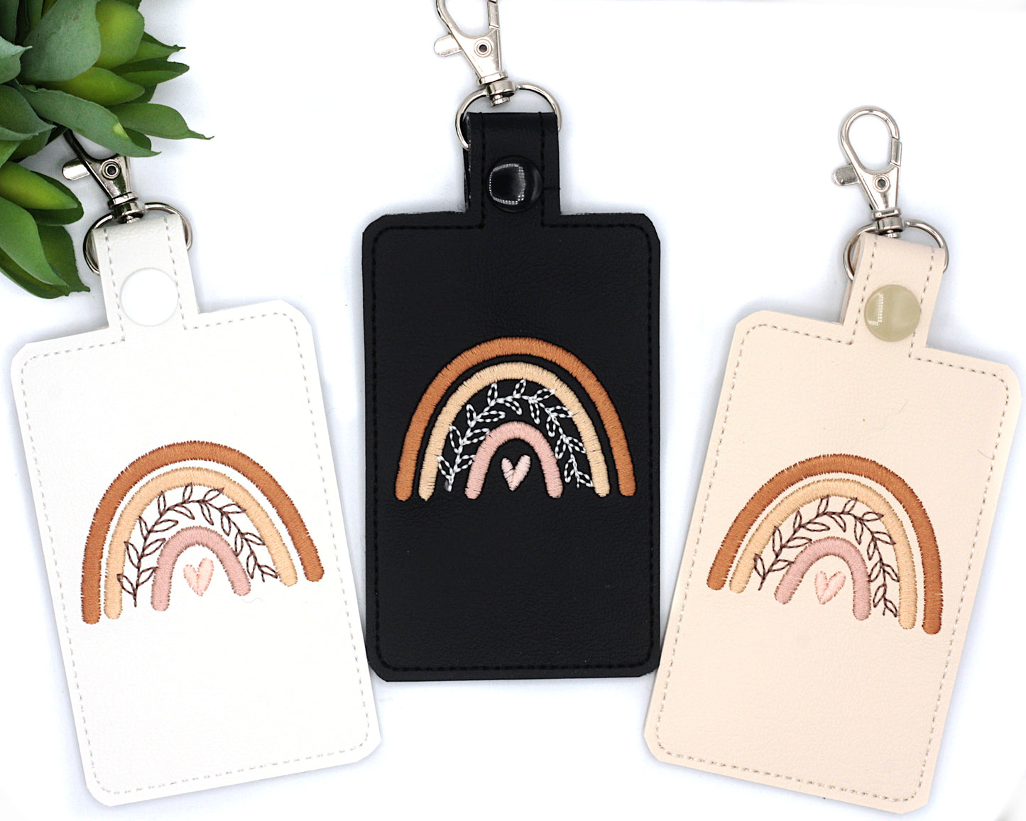 Neutral Brown Boho Rainbow with Leaves Vertical Badge ID Card Holder